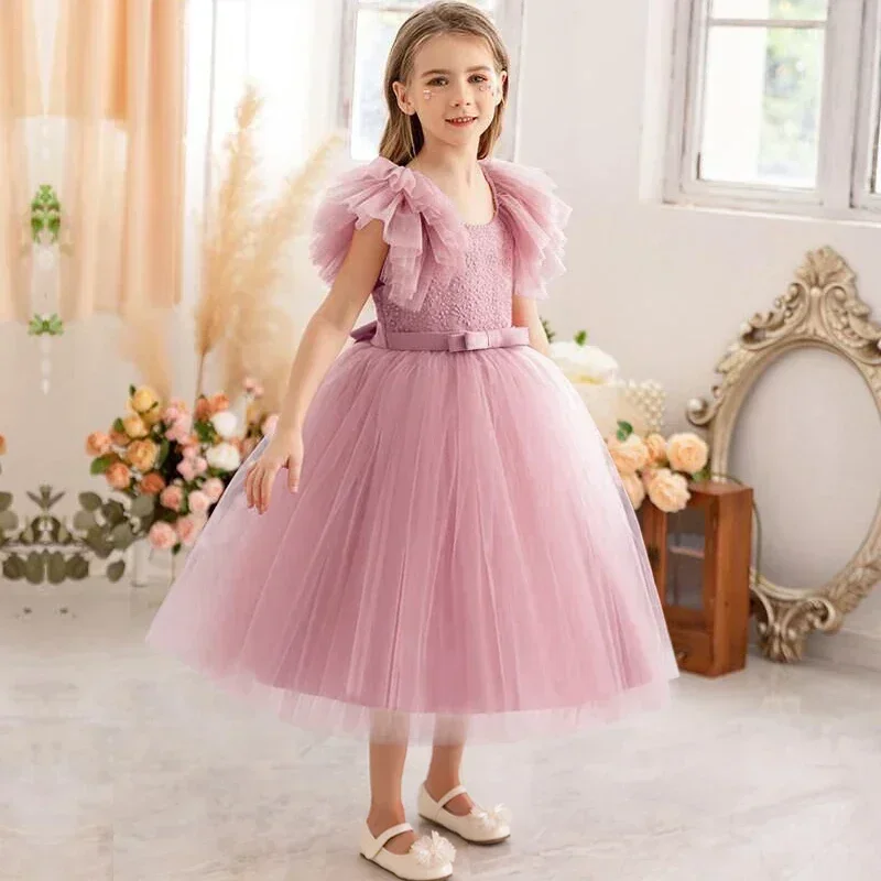 Ruffles Elegant Wedding Party Dress for Kids Girl Lace Flower Princess Dress for Girls Birthday Party Gown Holiday Kid\'s Dress