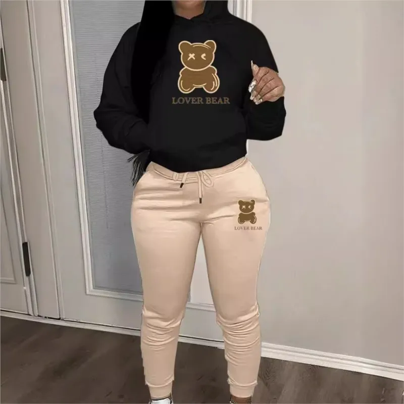 Moletom com capuz e calça agasalho feminino, roupa estampada para urso, terno casual, pescoço com capuz, streetwear, plus size, conjunto de 2 peças,