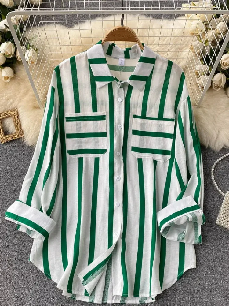 Fashion Woman Blouse 2023 Medium Length Vertical Stripe Shirt Jacket for Women\'s Korean Casual Loose Fitting Elegant Top