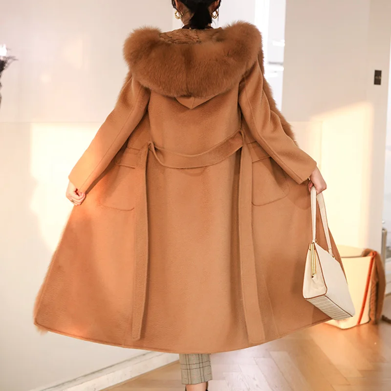 2024 Women's Luxury Winter Wool Coat Real Rex Rabbit Fur Lining Lady Thick Warm Fox Fur Trim Trench Coat