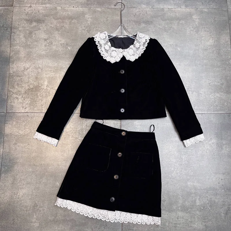 High End Designer Black Velvet 2 Piece Sets Women Elegant Lace Peter Pan Collar Long Sleeve Coat Classic High Waist Skirts New