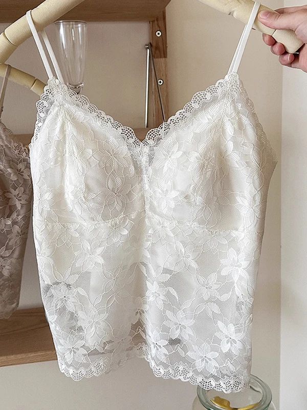 Lace Strap Vest Women's Inner Wear Summer Thin Pad Backless Bra Integrated Base Shirt Commute Style Slim Fit V-neck Short Length