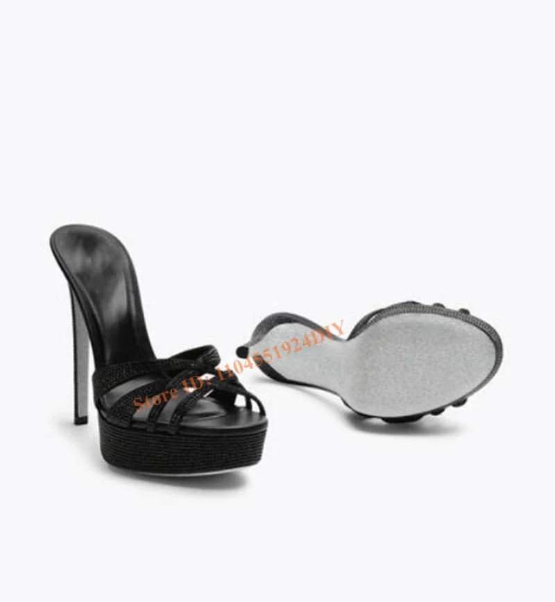 

Women's Black Mules Heeled Platform Slider Sandal 130Mm Dazzling Heel All-Over Crystals Stiletto Heel High Heels Rhinestone Shoe