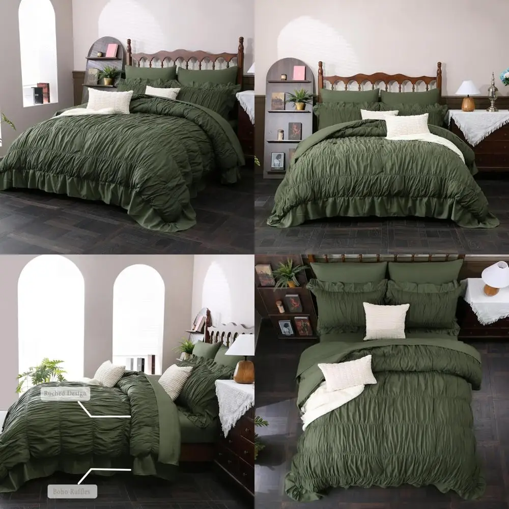 

King Size Olive Green Ruffle Comforter Set with 9-Piece Boho Style Bedding, Including Luxurious Sheets and Shabby Chic Elements