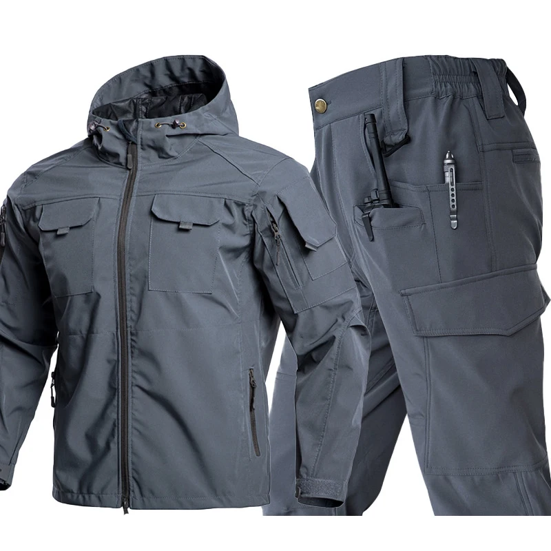 Spring Autumn Mens Soft Shell Tactical Sets Outdoor Waterproof Windbreaker Suit Man Uniform Hunting Camping Hiking Cargo Coats