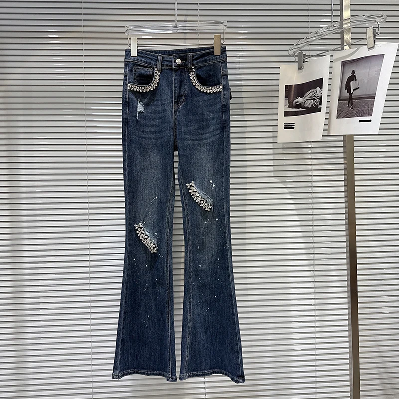 KBQ Solid Spliced Diamonds Slimming Denim Pants For Women High Waist Patchwork Button Spring Casual Jeans Female Fashion Style