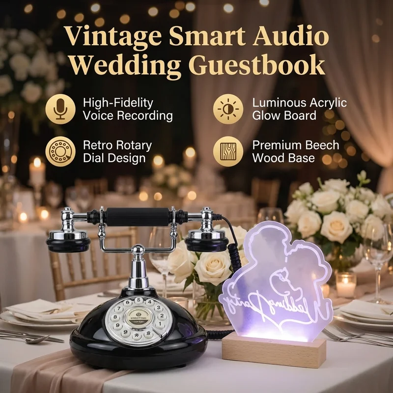 Retro Button Recorder Telephone, 8G Rechargeable Wedding Audio Guest Book with Couple Silhouette Ambient Light, Multifunctional