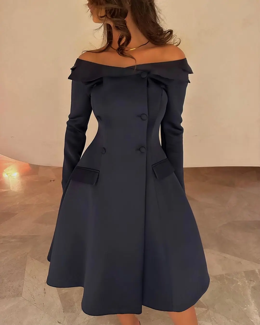 

FLORINE TULIRAIN Off-the-shoulder Full Sleeve Button A-line Short Bule Wedding Evening Dress Cocktail Prom Gown For Sexy Women