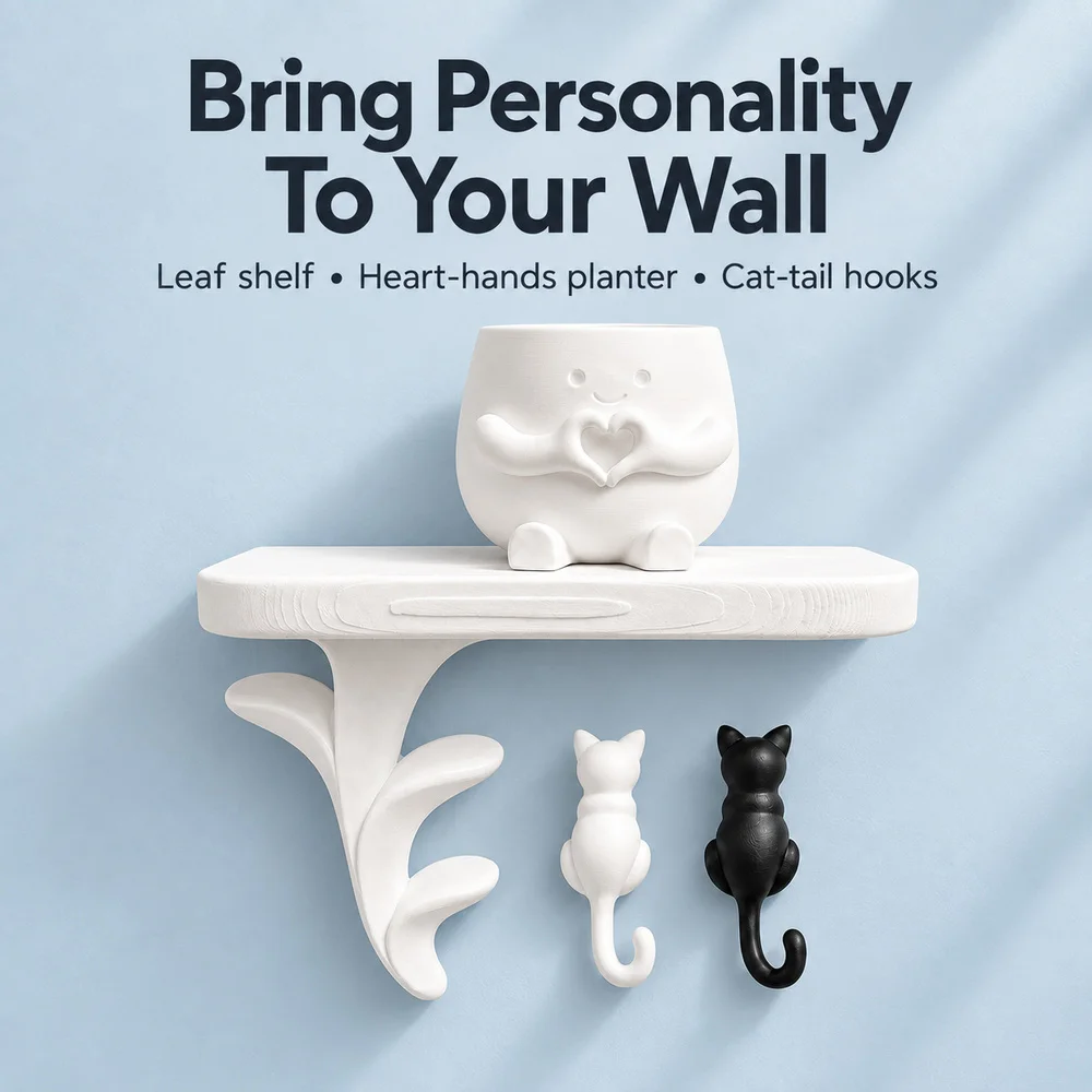 Zoe Leaf Shaped Decorative Wall Shelf Set With Heart Hands Planter And Cat Tail Hooks Small Space Wall Decor For Bedroom Entryway Living Room And Home Office
