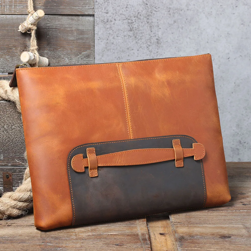 S.WORKER Clutch-Tasche aus echtem Vollnarben-Rindsleder, Herren-Handtasche, Vintage-Tasche, lässige Handtasche mit großem Fassungsvermögen für Herren – Detail 8