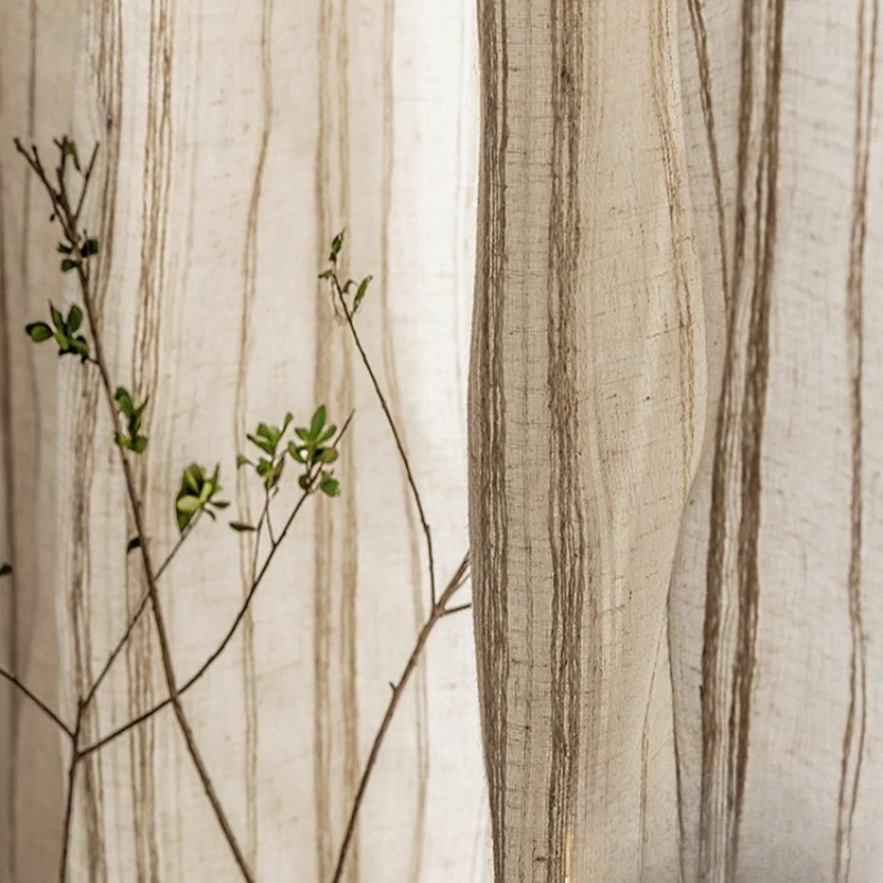 

Natural Linen Yarn Bedroom Window Screen Modern Simple Log Style Living Room Curtain Thin Semi-transparent Striped Curtains カーテン