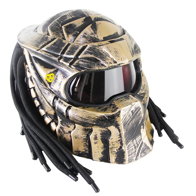 Super cool predator flip up full face helmet motorcycle fiberglass  mask helm with red led spot light and braids