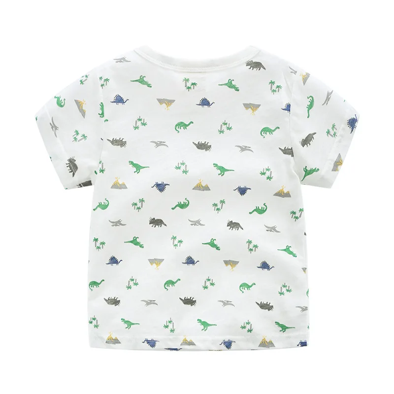 Kids Cartoon Dinosaur Print Short Sleeve T-shirt Boys' O-neck Top for Summer Breathable Cotton Color Blocking, for Ages 3-8