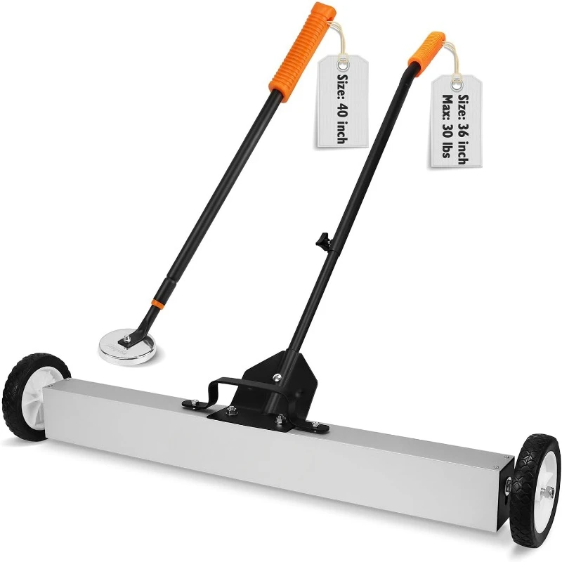 

36-Inch Rolling Magnetic Sweeper with Wheels | 40-Inch Telescoping Magnetic Pickup Tool | Adjustable Handle