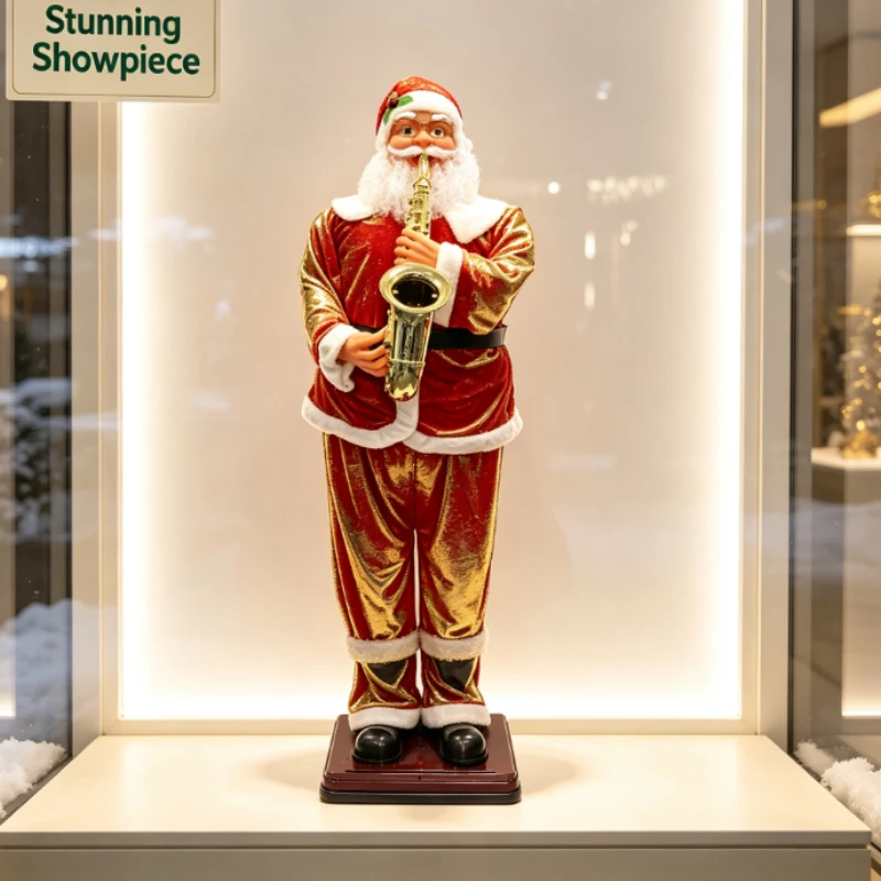 Life Size Santa Claus Figure Playing Saxophone Red Velvet Suit Musical Christmas Decoration For Home Mall Holiday Party