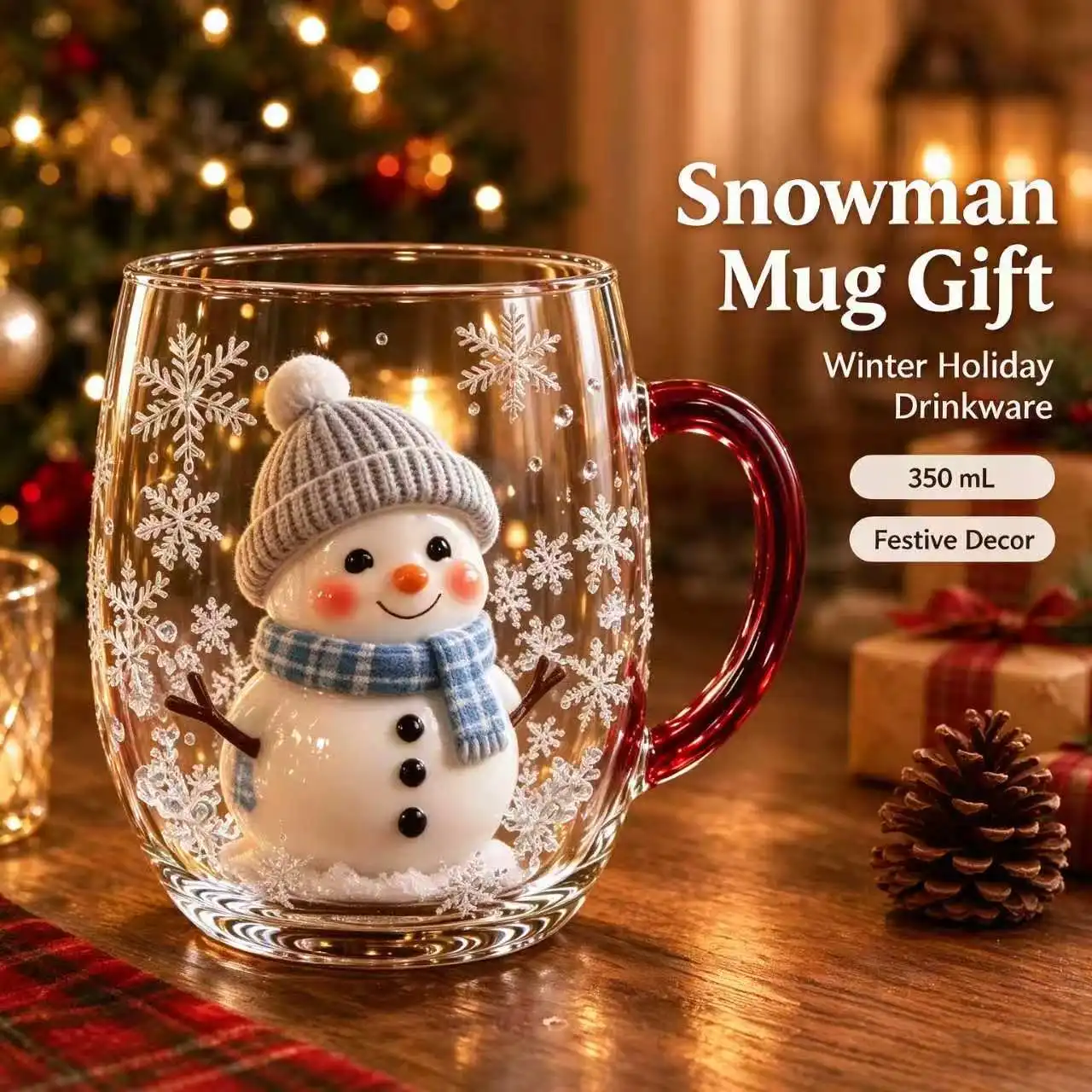 Cute Winter Holiday Glass Coffee Mug, Reindeer Gingerbread Snowman Tree Pattern, Christmas Drinkware Gift