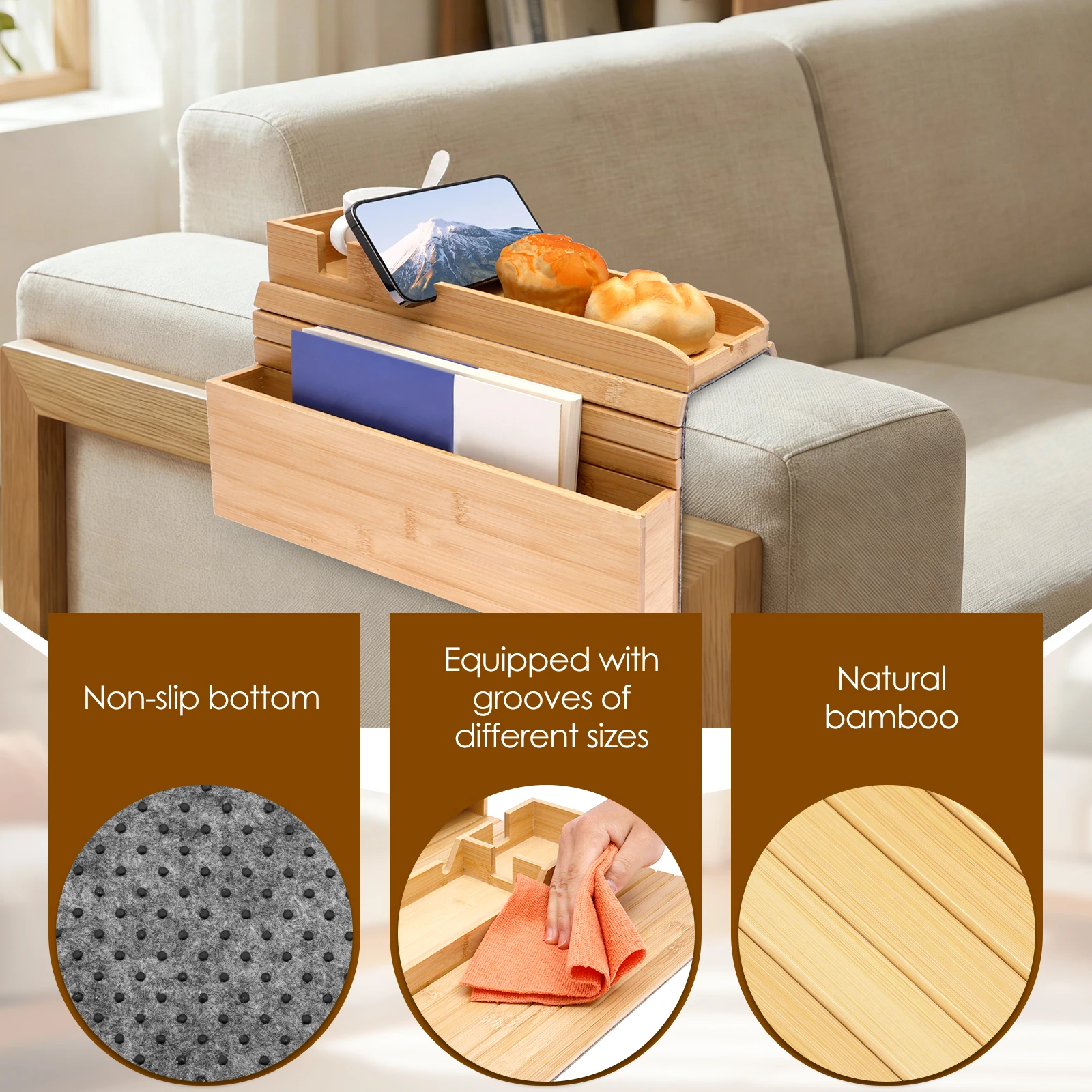 Bamboo Couch Cup Holder Anti-Slip Sofa Armrest Tray Foldable Couch Arm Table for Drink Snack Cellphone TV Remote Control - view 5