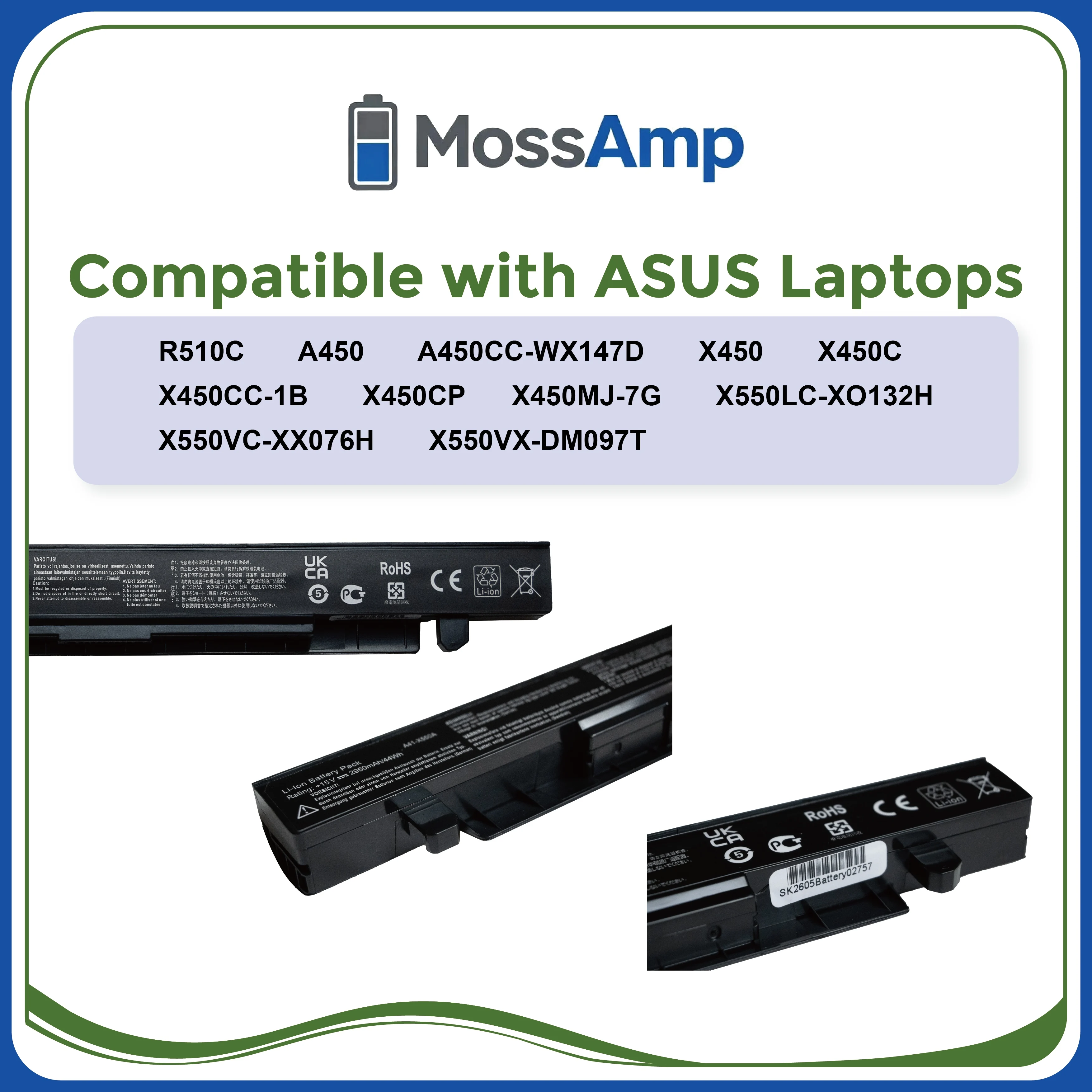 MossAmp A41-X550A Laptop Battery for X550 A550 F550 K550 P550 R510 X550C X550CA X550CC X550L X550LA X550V A550C K550L F550L
