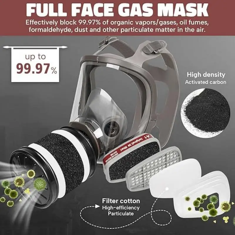 Full Face Respirator - Mask with 40 mm Gas Filter Canister for Industrial Gases, Chemical, Polishing, Welding, Spraying Gas Mask