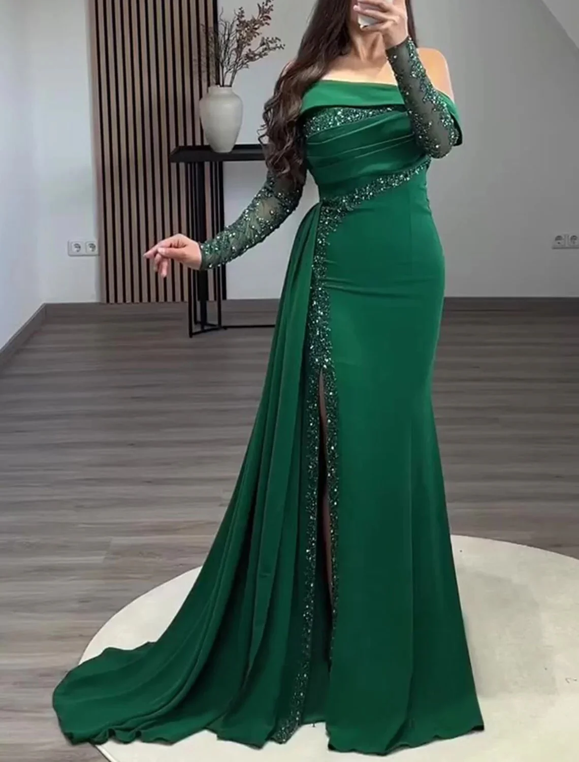 여성을위한 매력적인 녹색 이브닝 드레스 맞춤형 아랍어 인어 베스 티도스 드 갈라 오프 숄더 풀 슬리브 비즈 댄스 파티 드레스
