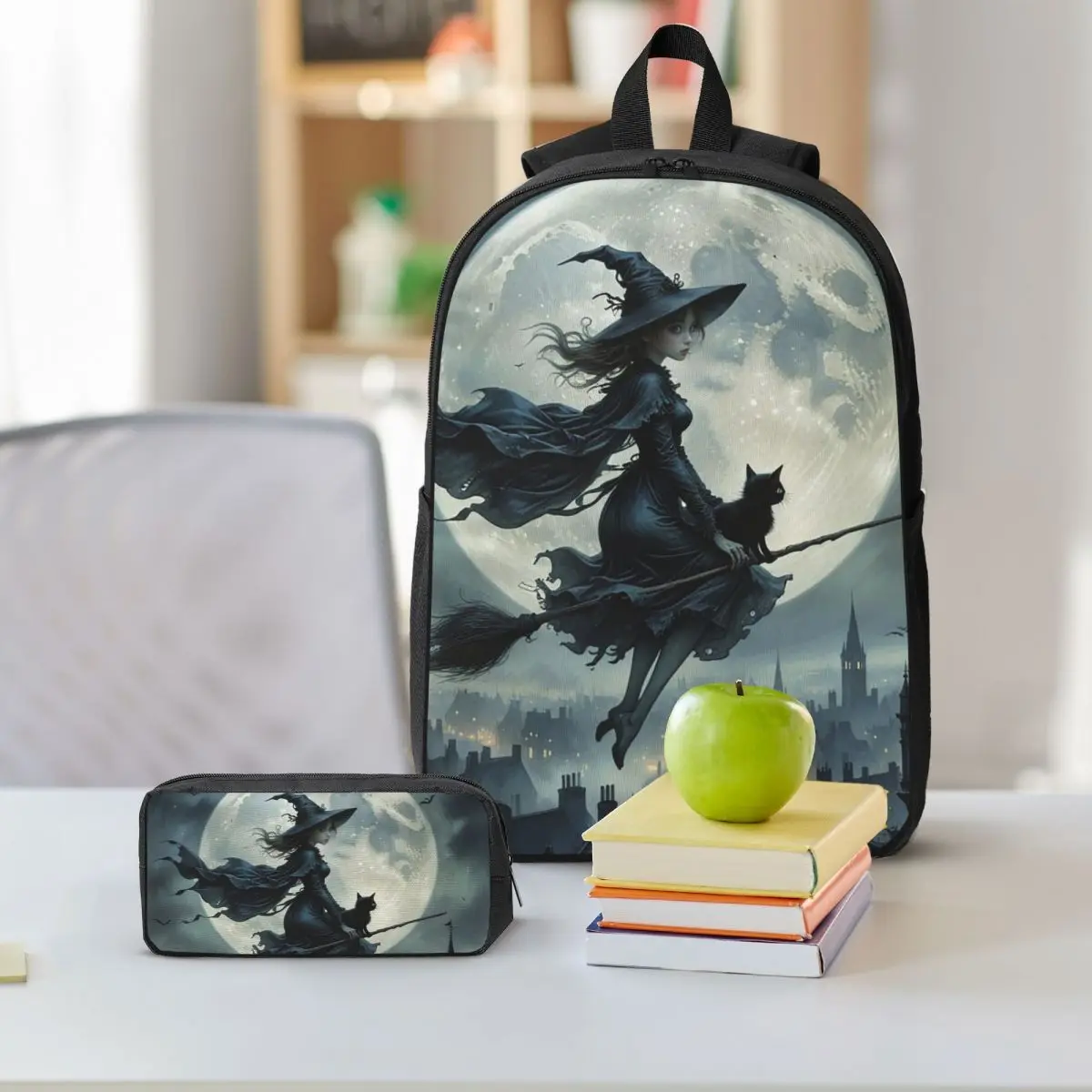 Witch And Cat Fly On Sky Backpack Boys Girls BookBag School Bag Shoulder Bags 3ps Insulated Lunch Bag Pencil Case