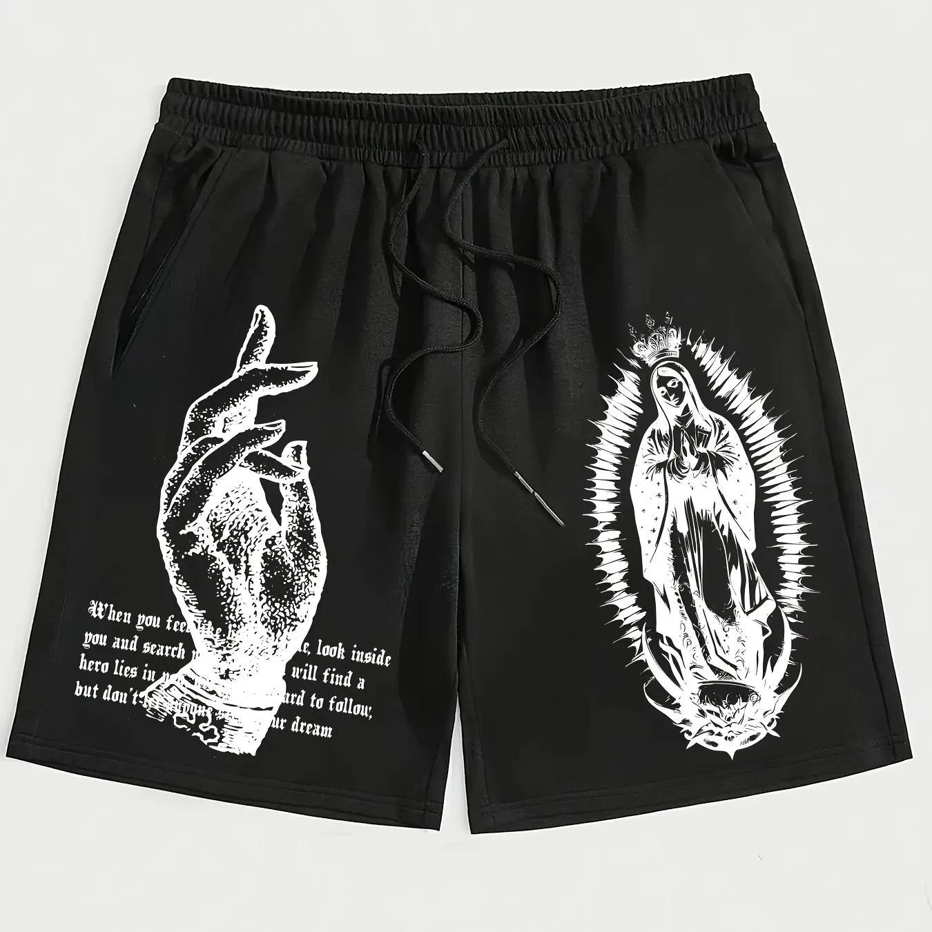 

Men's Printed Finger Pattern and Letter Printed Shorts with Waistband and Pockets, Summer Street Fashion Shorts