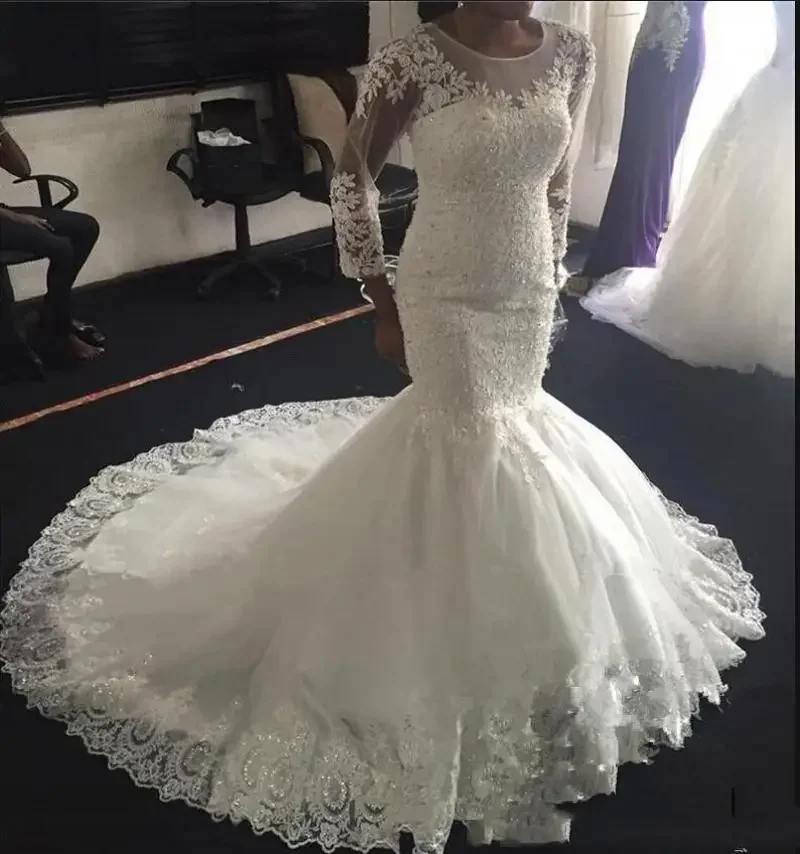 

Customized Charming Scoop Neckline Mermaid Lace Wedding Dresses Sweep Train 3/4 Sleeves Robe De Mariee Bridal Gowns