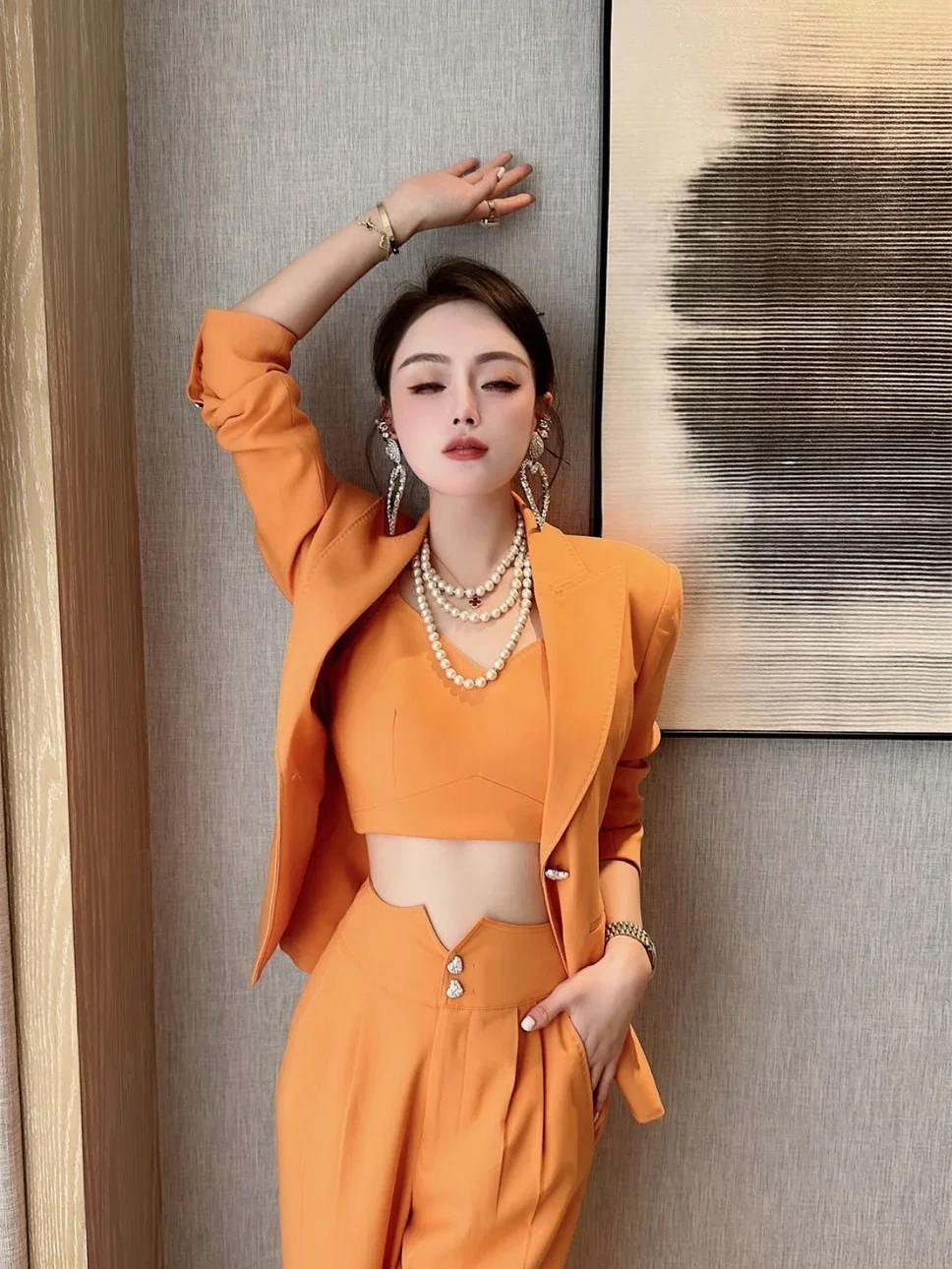 Spring Autumn Blazer and Pant Sets for Women 2 Pieces Suits Orange Korea Stylish Trousers Woman Chic Elegant Clothes with Sleeve