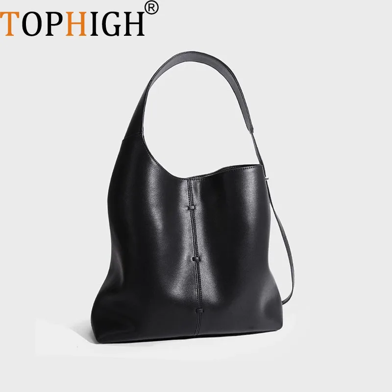 TOPHIGH Newly Genuine Leather Patchwork Women Shoulder Bags Large Single Adjustable Strap Ladies Tote Handbag Crossbody Bags