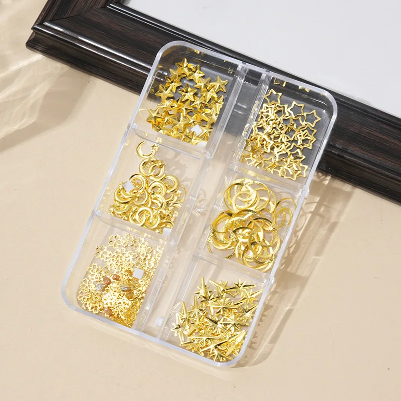 

1box 3D Metal Nail Art Studs Set - Golden Charms, Moon, Star, and Flower Shapes for Diy Nail Decoration and Jewelry Crafting