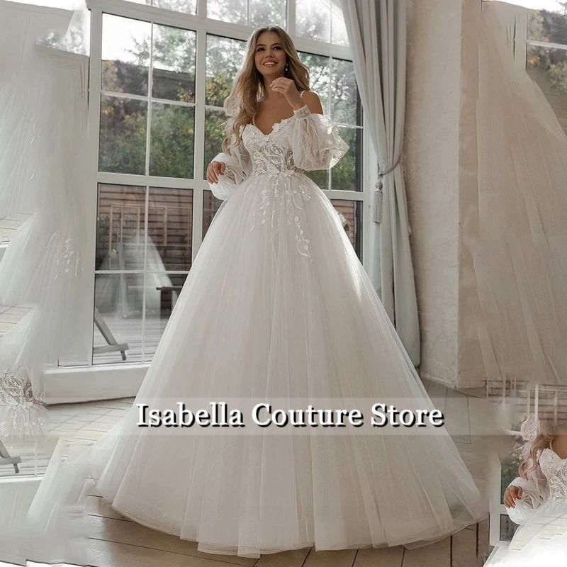 Off Shoulder Puff Long Sleeve Wedding Dress Sweetheart Lace Appliques Glitter Tulle A Line Bridal Gown Romantic Princess Bride