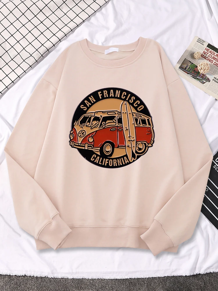 San Francisco California Vintage School Bus Printed Womens Hoodies Vintage Casual Long Sleeves Autumn Fashion Female Sweatshirts