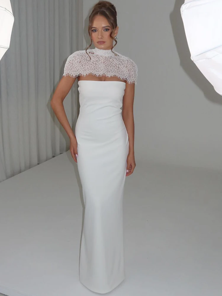 JULISSA MO Sexy trägerloses Rollkragen-Spitzen-Maxikleid für Damen, weiß, ärmellos, durchsichtiges Kleid, Sommer, schlank, elegant, zweiteilige Sets