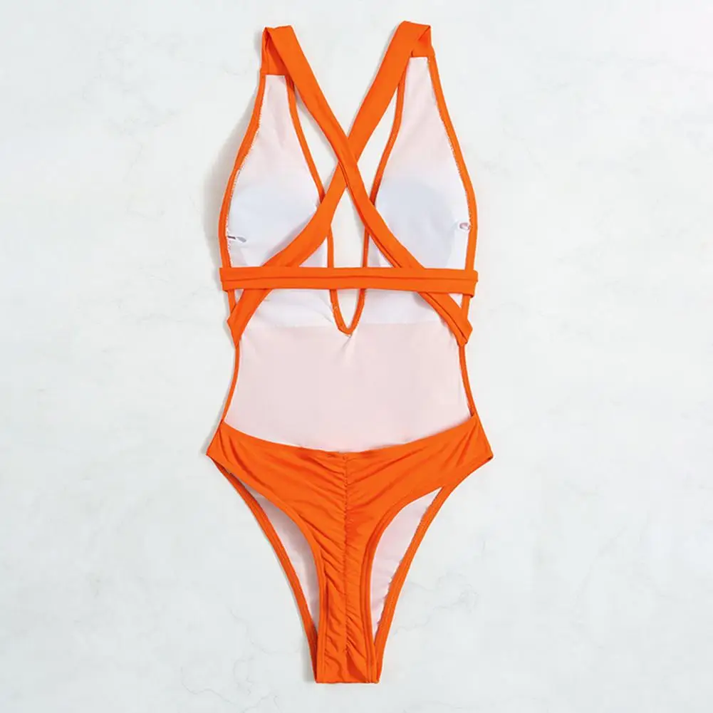 Ladies  Chic Orange Lace-up Bathing Suit One-Piece Women Swimsuit Solid Color   for Vacation