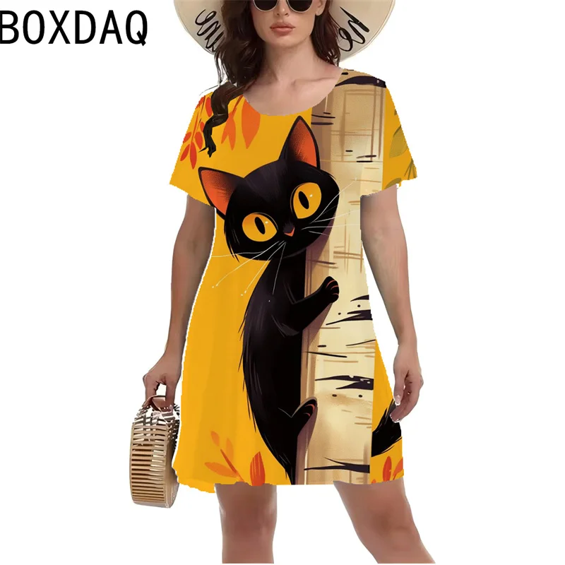 Fashion Funny Women Cat Pattern 3D Cartoon Print Mini Dress Summer Oversized Short Sleeve O-Neck Casual Dress Vestidos