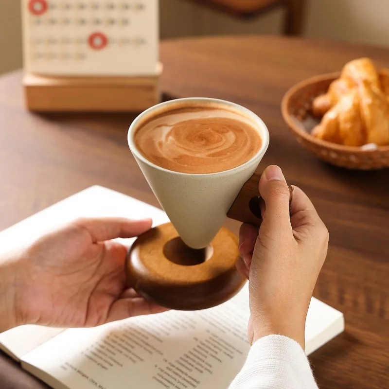 Ceramic Coffee Cup Ceramic Coffee Mug with Wooden Handle Handmade Stoneware Cone Cup Retro Coffee Cup Set with for Home - view 3