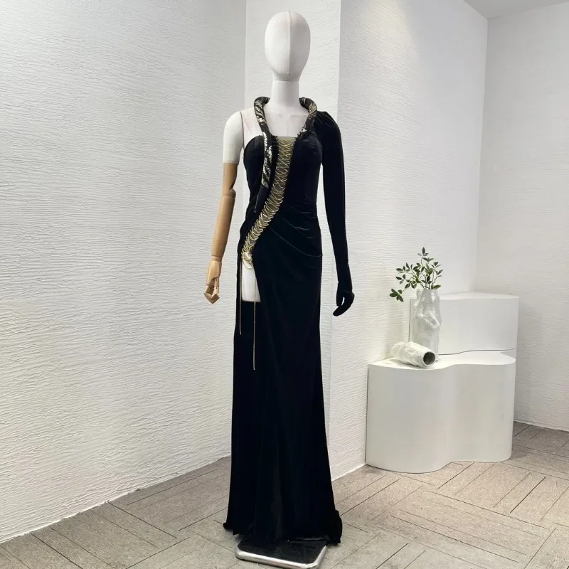 

Women's Black Sequineds Beading Sexy New Fashion Style 2025 Cotton One Side Sleeve Slit Hem Maxi Tube Dresses