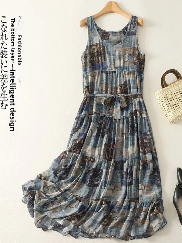 

Свободный хлопковый льняной жилет Dr, женский большой размер с абстрактным принтом, корейская повседневная юбка трапециевидной формы средней длины для поездок на работу