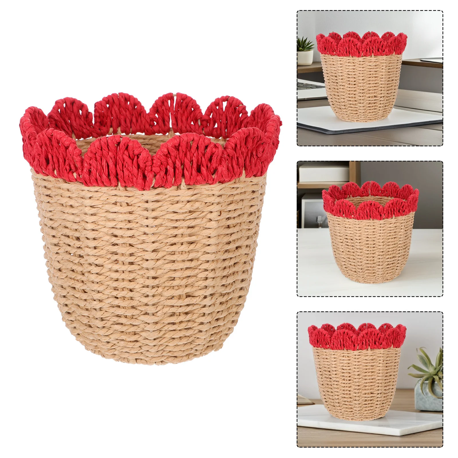 

Multifunctional Storage Basket Handwoven Paper Rope Bin Scalloped Edge Desktop Organizer For Table Shelf Cabinet Farmhouse