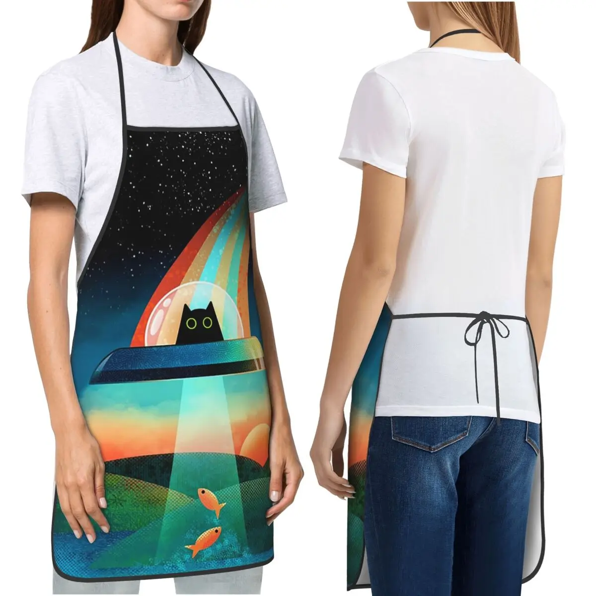 The Purrfect Alien Black Cat Apron Chef Cooking Baking Tablier Bib Kitchen Cleaning Pinafore for Women Men Gardening