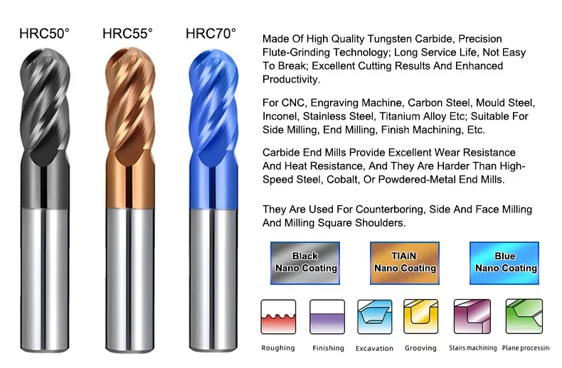 Shazam 4-Flöten-Kugelfräser Wolframcarbid-CNC-Fräs werkzeuge r 0,5-r 6,0mm hrc50/55/70 für Schaft fräser aus Stahl material – Detail 1