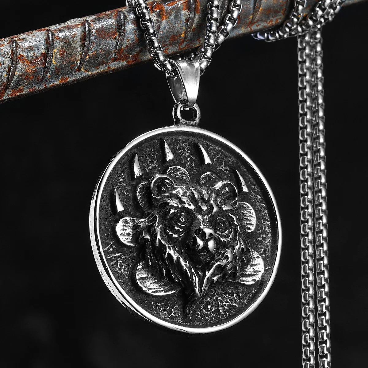 

Bear Head Claw Coin Men Pendant Stainless Steel Necklaces Chain Viking Jewelry Bear Paw Punk Rock Biker Male Gift Daily Wear