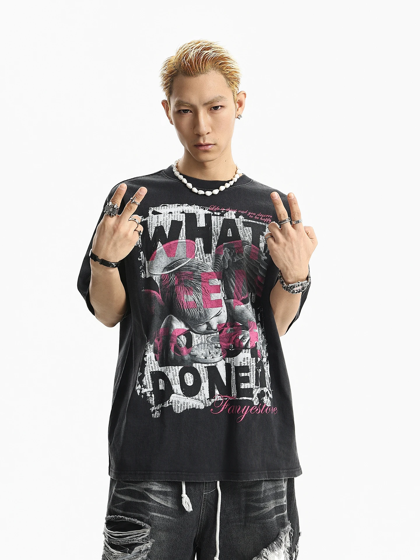 

BETEBULE American Graffiti Print round Neck Short Sleeve T-Shirt Men Summer Heavyweight Loose Half Sleeve Top Streetwear