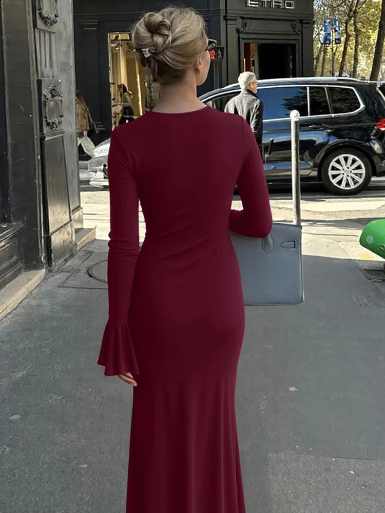 JULISSA MO élégant col rond à lacets femmes robe Maxi marron à manches longues robe drapée automne maigre robe de soirée robes