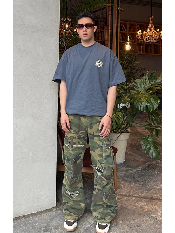 

Waed out Camouflage Work Trousers Men's Sle Woout Straight Leg Pants American Cool Bell Bot Youthful Energy Faion