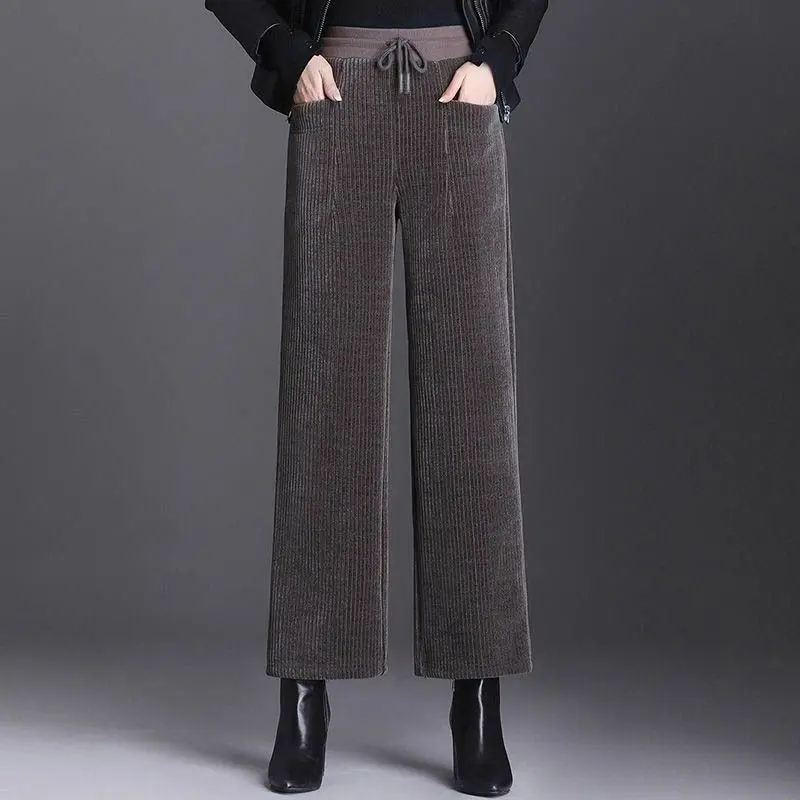 Fashion Autumn Winter Pants New Women Pockets Elastic High Waist Drawstring Plus Velvet Straight Wide Leg Ankle Length Trousers