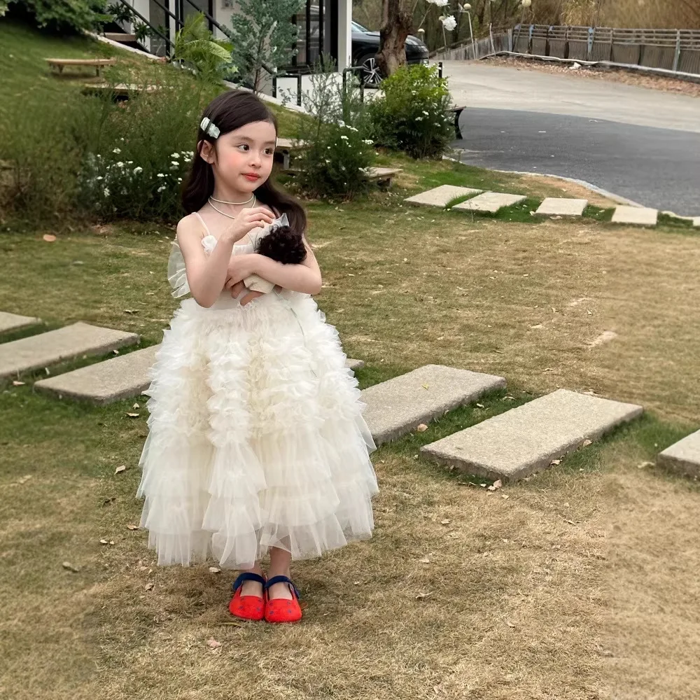 Girls Fluffy Dress 2026 Summer New Children Temperament Super Fairy Beige Temperament Princess Gauze Dress
