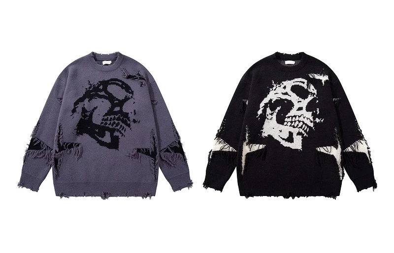 Autumn Winter New American Gothic Style Men's Jacquard Ripped Patchwork Design Loose Casual Round Neck Black Gray Knit Sweater