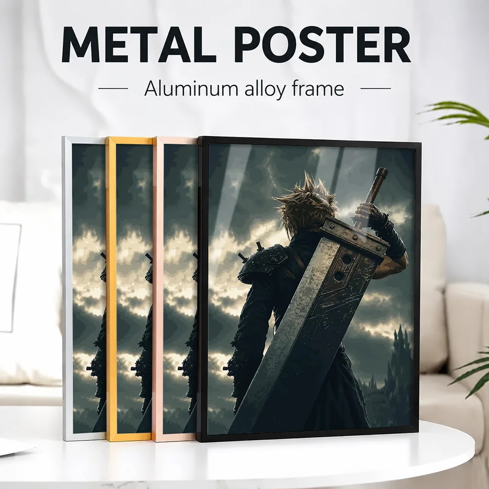 Cloud Strife Featuring Buster Sword Final Fantasy Game Framed Metal Print Customized Photo Heroic Quest Style Wall Art For Study