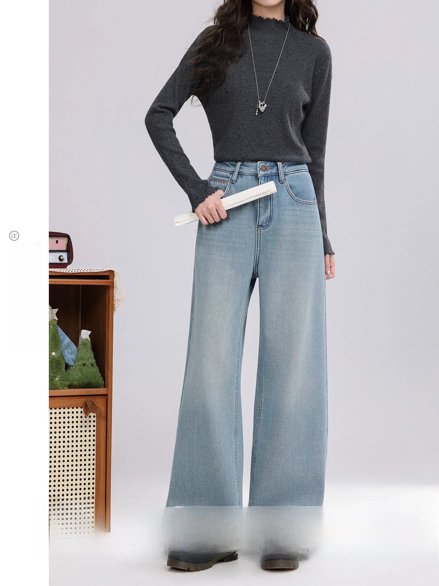 

Retro Blue Fleece-Lined Wide Leg Jeans Women's Versatile Winter New Style High Waist Denim Pants Comfortable Casual Trousers